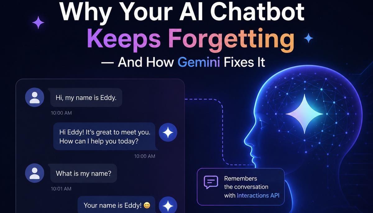 Illustration of Gemini AI chatbot remembering a user's name using the Interactions API with conversational state management and AI memory visualization.