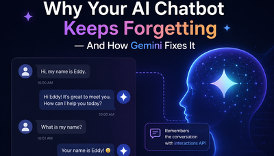 Illustration of Gemini AI chatbot remembering a user's name using the Interactions API with conversational state management and AI memory visualization.